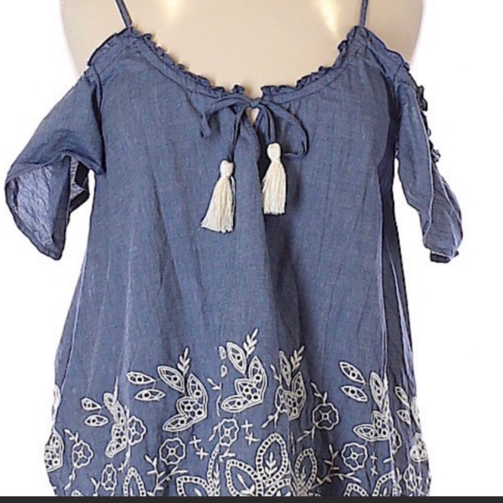 Abercrombie Denim Embroidered Cold Shoulder Top